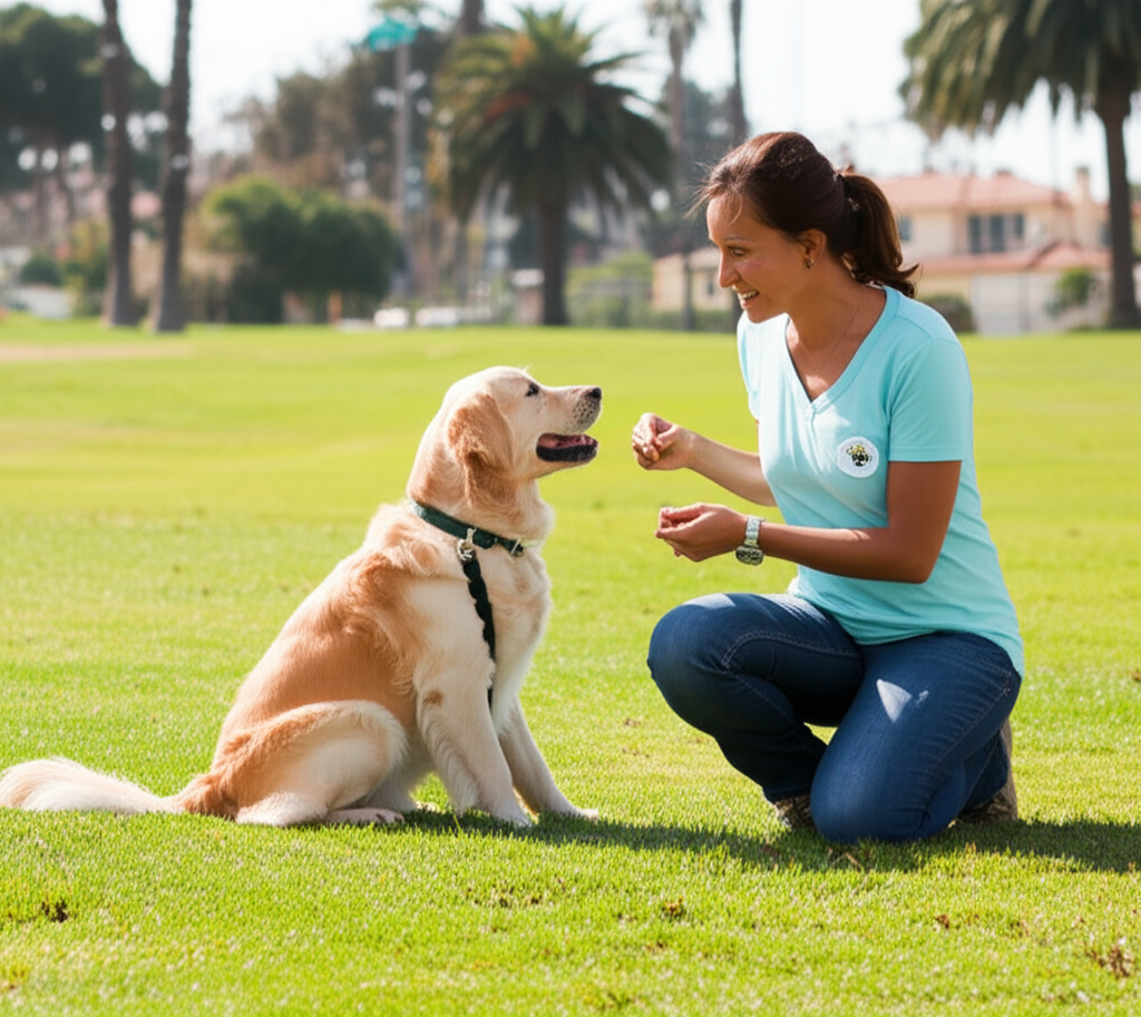 Professional dog trainer with dog outdoors